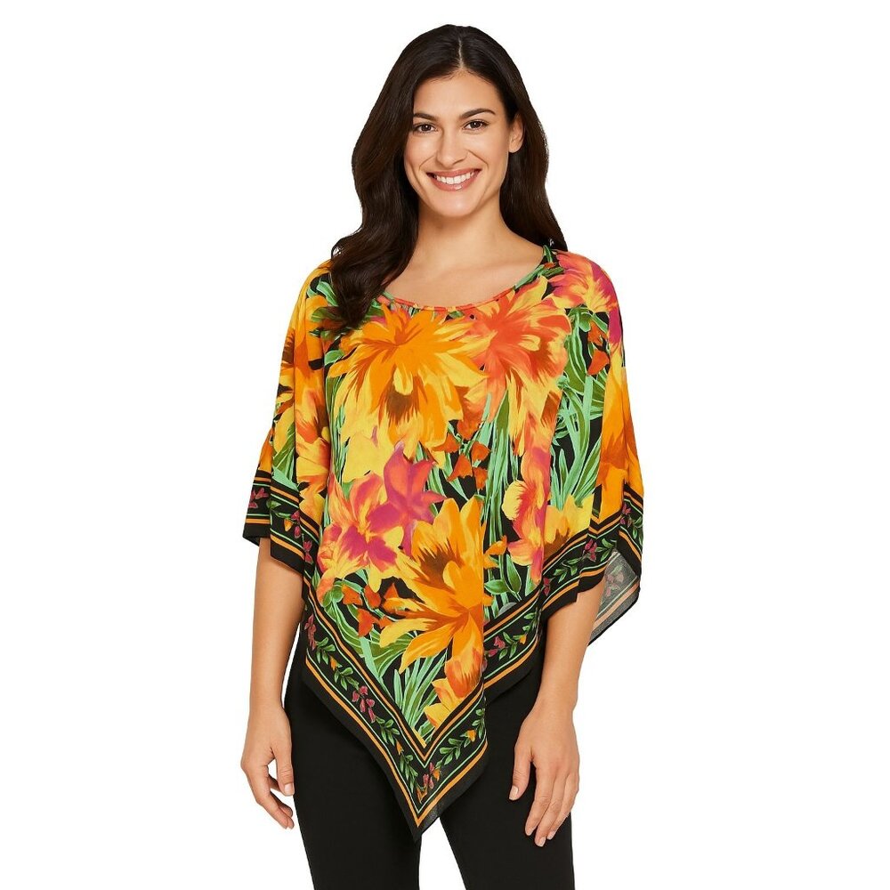 Slim Factor Floral Poncho Top Black Multicolor L Tropical Scarf Hem Blouse